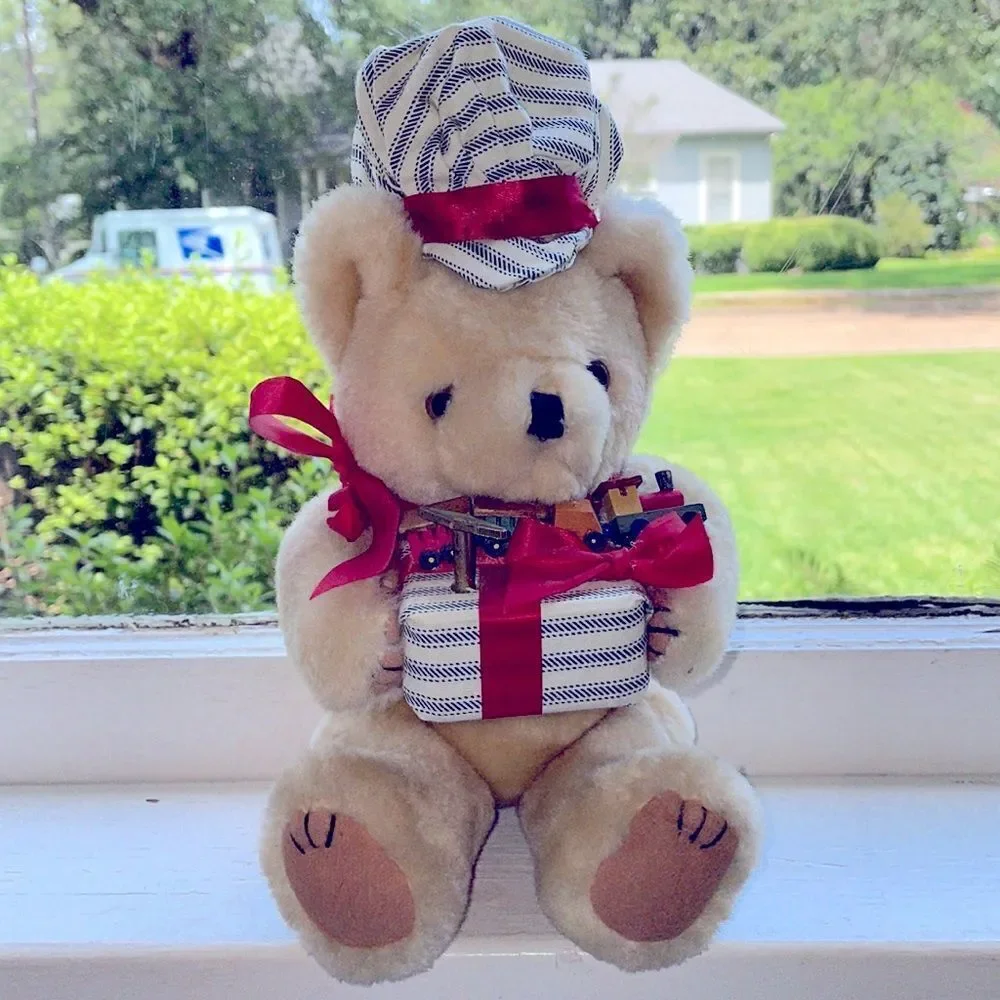 Vintage tan railroad engineer Teddy Bear with wooden train & music box‎